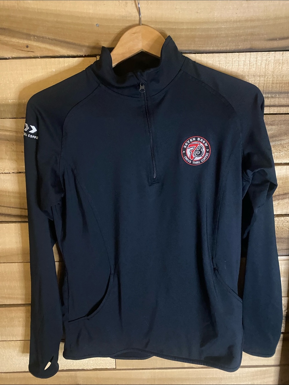 Seven Brew uniform Black Quarter-Zip Pullover with Red & White Logo medium